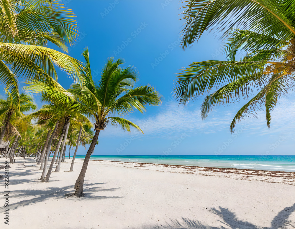A serene beach scene in Mexico during summer, featuring palm trees against a blue sky and sandy shore.