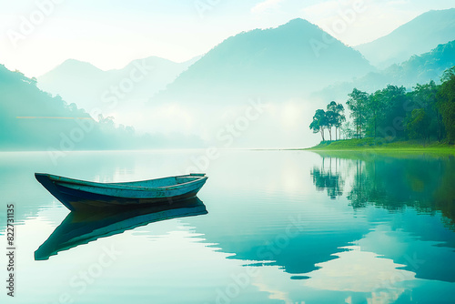 A serene lake at dawn with misty mountains in the background: A peaceful, idyllic scene with a lone boat drifting on the water, surrounded by lush greenery and a majestic mountain range.