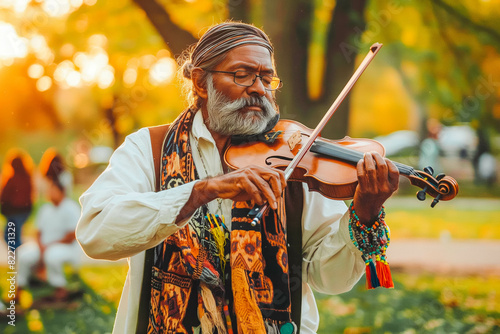 A South Asian musician performs a captivating melody on a violin for a captivated audience in a park at sunset.