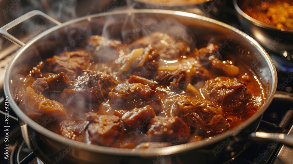 A simmering pot on the stove filled with tender chunks of meat and aromatic es. A simmering pot on the stove filled with tender chunks of meat and aromatic es.