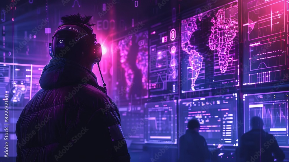 A cyber police team tracking a hacker through advanced digital interfaces, A cyber police team tracking a hacker through advanced digital interfaces,