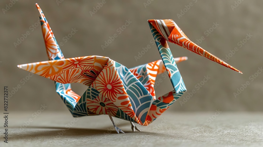 Fototapeta premium A delicate origami crane folded from vibrant, patterned paper,