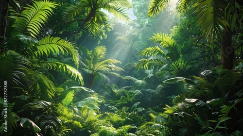 A dense jungle scene from the Mesozoic era with towering ferns and prehistoric plants 