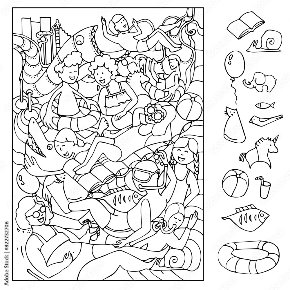 Find and color the hidden objects. Kids in aquapark, amusement aqua park with water attractions, riding slide, girl and boy swimming in pool on inflatable ring. Sketch vector illustration. Find and color the hidden objects. Kids in aquapark, amusement aqua park with water attractions, riding slide, girl and boy swimming in pool on inflatable ring. Sketch vector illustration.