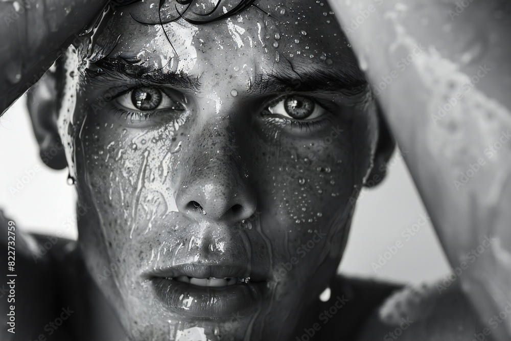 Black and white portrait of a young man with water droplets on his face, exuding intense gaze and emotions. Perfect for campaigns focused on fitness, personal care, and fashion brands