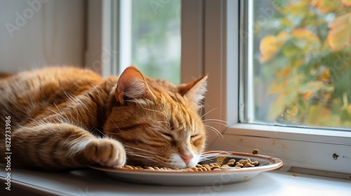 Striped orange cat eats a dry feed lay on windowsill wellfed red cat lies and rests : Generative AI photo