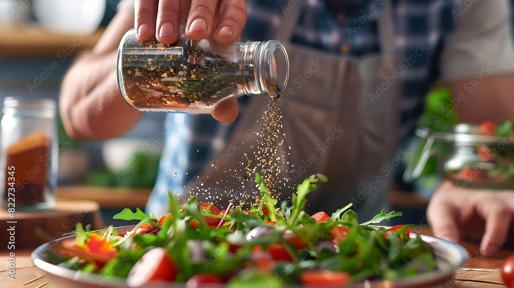 Obraz premium Closeup of young man adding spices from shaker in vegetable salad at table which prepared for dinner : Generative AI