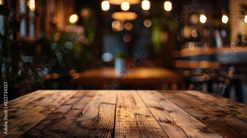 Empty wood table with blur interior coffee shop restaurant or cafe for background   Generative AI