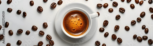 expresso coffee cup and coffee beans on white tables