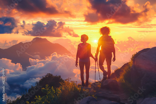 A young Black woman and a seasoned Asian man hike along a breathtaking mountain trail, silhouetted against a vibrant sunset. © VisualProduction