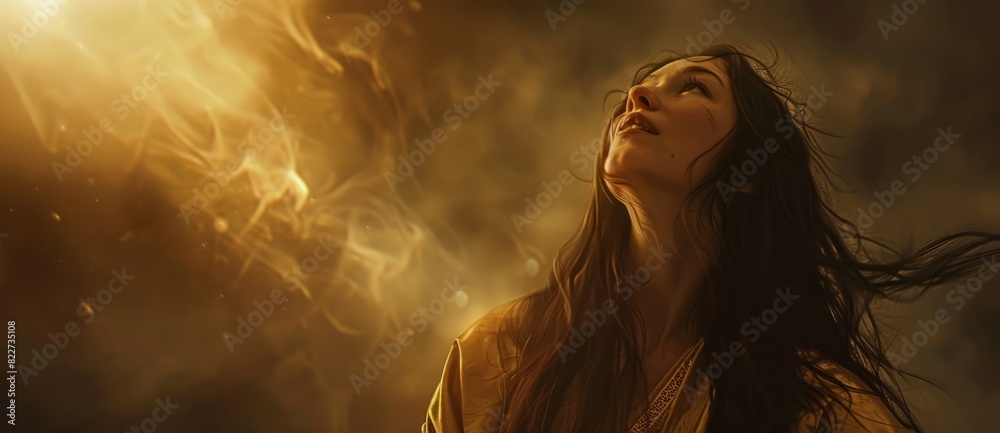 Biblical character.     Emotional close up portrait of a woman with blue eyes in a veil looking up. Looking up to heaven with tears in her eyes, full-length shot set in biblical times,