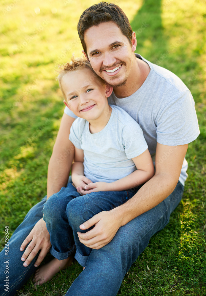 Dad, boy and happy at park on portrait for bonding, love and support as family. Parent, father and kid with smile for child development, childcare and comfort for safety with trust, care and memories Dad, boy and happy at park on portrait for bonding, love and support as family. Parent, father and kid with smile for child development, childcare and comfort for safety with trust, care and memories