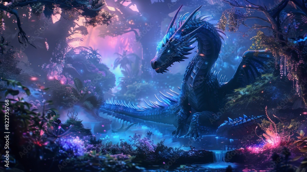 illustration of a great dragon in a colorful fairytale forest in high resolution and high quality. fantasy concept, drawings, dragons, forests, dark HD illustration of a great dragon in a colorful fairytale forest in high resolution and high quality. fantasy concept, drawings, dragons, forests, dark HD