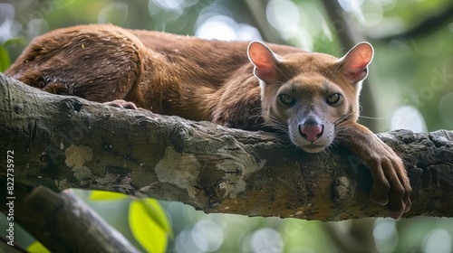 A fossa resting on a tree branch, with its sleek body and alert eyes