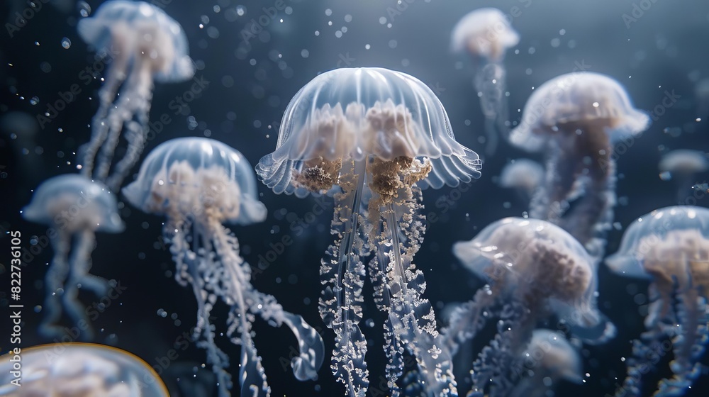 A group of jellyfish floating together in the deep ocean, with their tentacles trailing behind A group of jellyfish floating together in the deep ocean, with their tentacles trailing behind