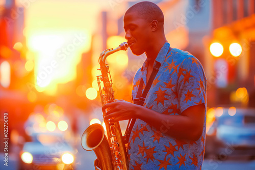 Afro-American man playing saxophone on city street at sunset, jazz melodies filling the evening air.