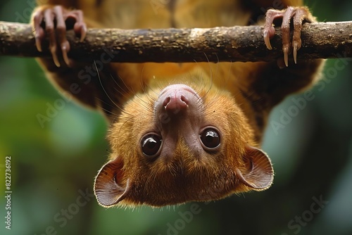 A kinkajou hanging upside down from a branch, with its long tail wrapped around for support photo