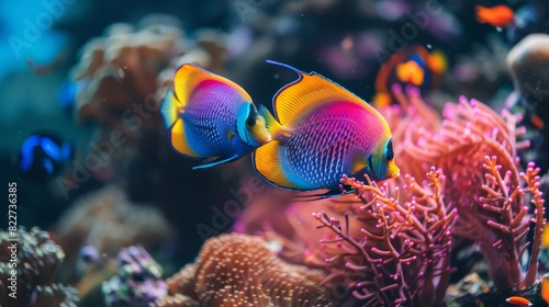 A pair of angelfish swimming together in a coral reef, with their bright colors standing out © Suphakorn