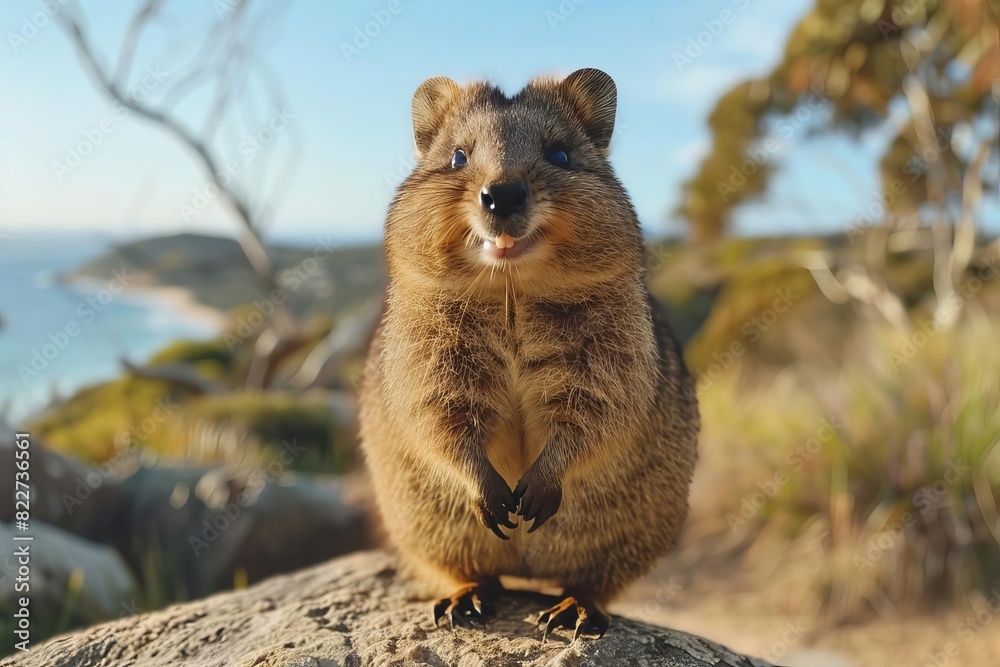 Naklejka premium A Quokka smiling and sitting on a rock, with a scenic Australian landscape in the background