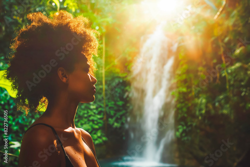 Afro-American woman exploring hidden waterfall in tropical jungle at sunset  discovering nature s beauty.