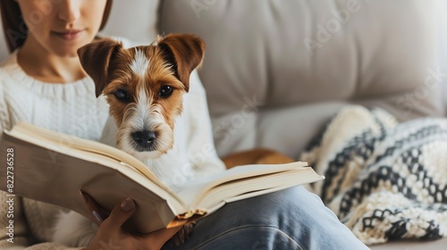 Young beautiful woman reading a book at home with her wire haired jack russell terrier pup Brunette female and rough coated dog sitting on textile couch White wall background copy spac : Generative AI photo