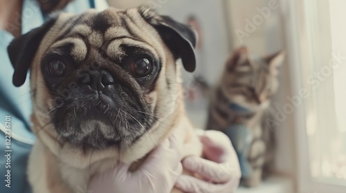 Veterinarian examining cute pug dog and cat in clinic closeup Vaccination day : Generative AI