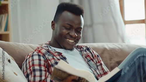 Young positive smiling african man wearing plaid shirt reading book while sitting on couch at home : Generative AI