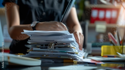 Businesswoman hands working in Stacks of paper files for searching and checking unfinished document achieves on folders papers at busy work desk office : Generative AI photo