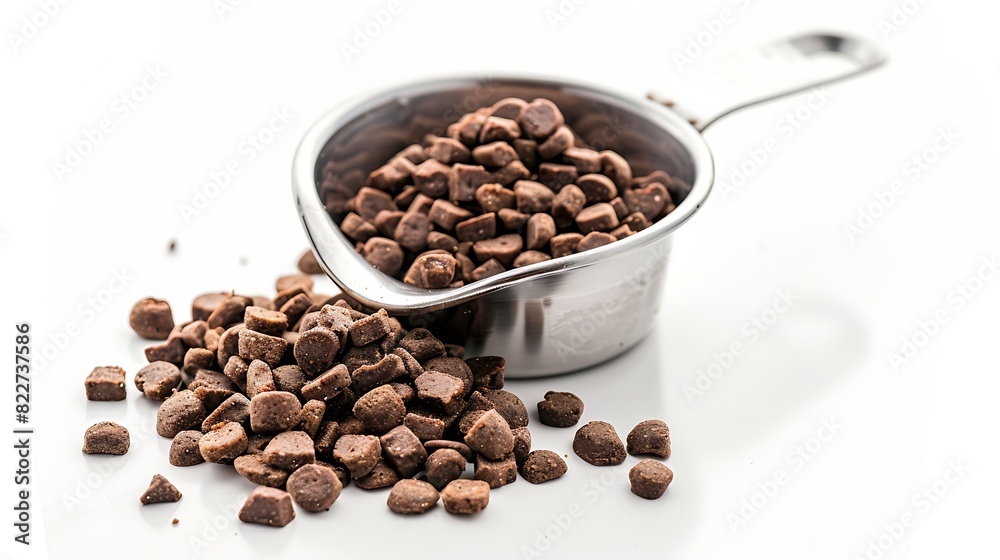 Kibbles in measuring cup and some random pieces 1 cup dry pet food portioned out a medium to large dog Brown small oval pebbles Isolated on white Selective focus : Generative AI Kibbles in measuring cup and some random pieces 1 cup dry pet food portioned out a medium to large dog Brown small oval pebbles Isolated on white Selective focus : Generative AI