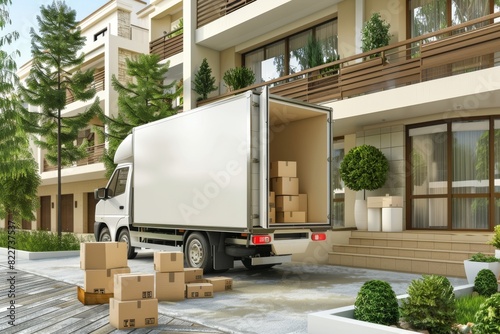 Moving truck with boxes in a clean, organized suburban environment, showcasing a professional and efficient logistics service for a smooth relocation process.