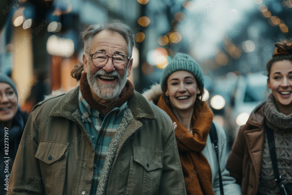 Portrait of a happy senior couple walking in the city at Christmas time.