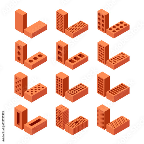 Brick isometric icons in flat style, vector