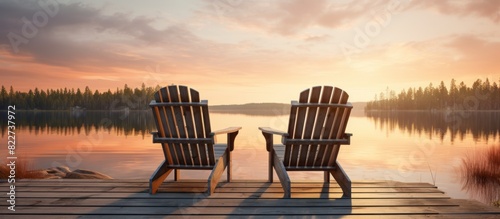 Two Adirondack chairs on a wooden dock overlooking a calm lake. © Aquarius