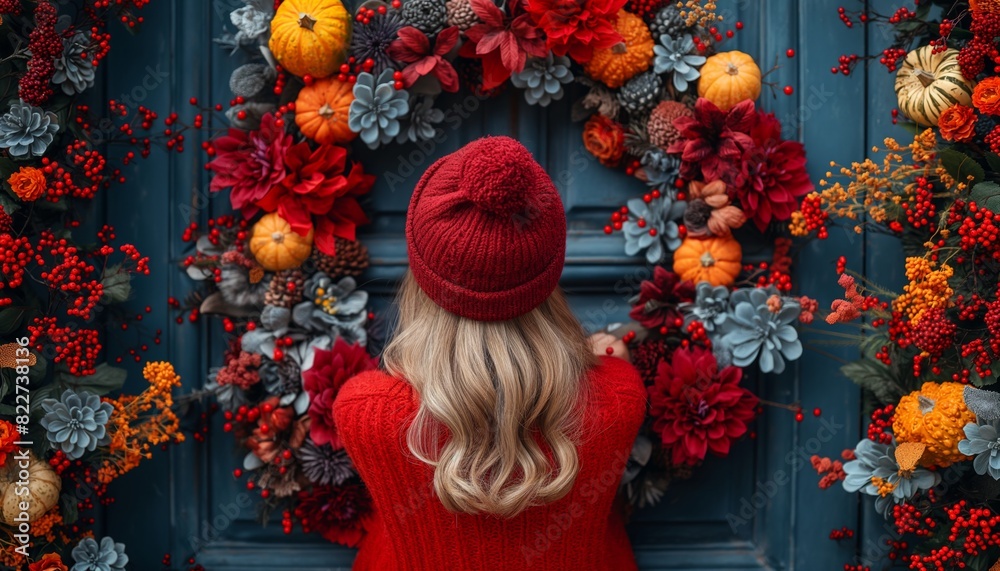 Person at decorative autumn door wreath Person at decorative autumn door wreath