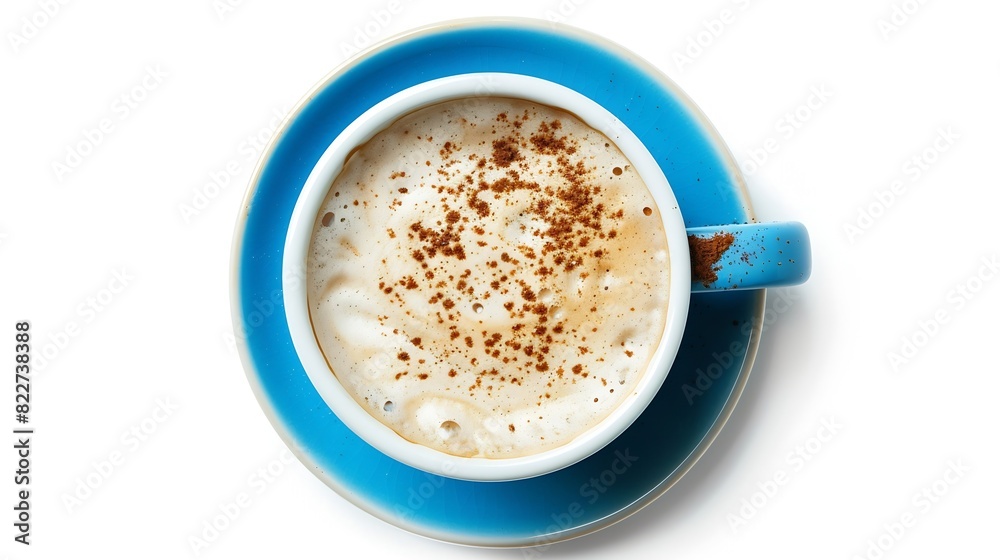 Cappuccino or latte with frothy foam blue coffee cup top view closeup isolated on white background Cafe and bar barista art concept : Generative AI Cappuccino or latte with frothy foam blue coffee cup top view closeup isolated on white background Cafe and bar barista art concept : Generative AI