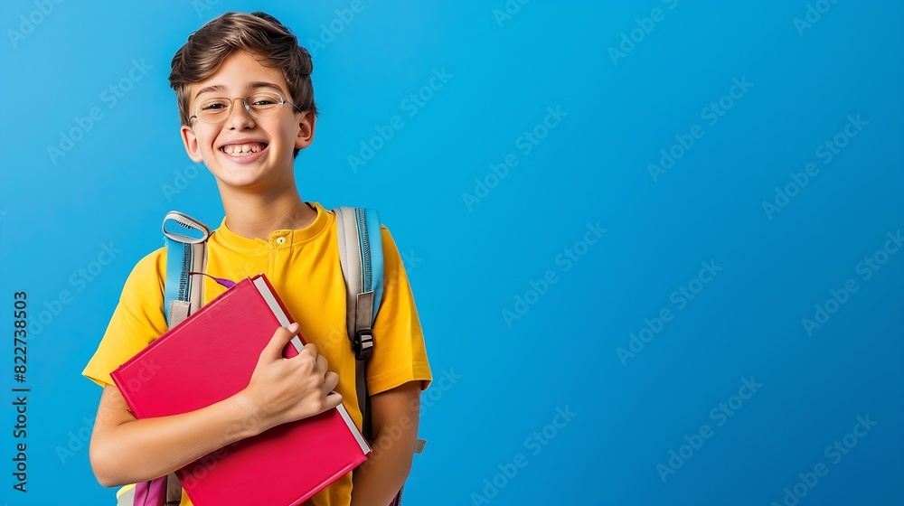 A smiling school boy in a yellow shirt tightly hugs his school books with a backpack over one shoulder against a blue background : Generative AI A smiling school boy in a yellow shirt tightly hugs his school books with a backpack over one shoulder against a blue background : Generative AI