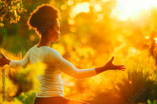 Afro-American woman practicing tai chi in peaceful garden at sunset, flowing movements in harmony with nature.