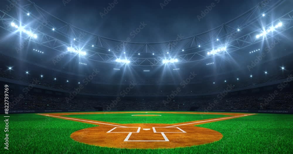 Modern sport stadium at night and baseball field ready for the match. Professional 4K video loop for sports advertisement.	