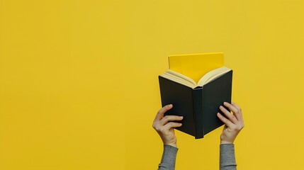 Human hand holding open book over yellow background Contemporary art collage Reading apps and book review platforms Concept of education reading knowledge Poster for book store : Generative AI