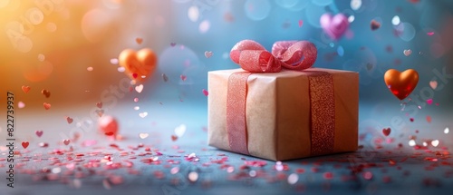 A beautifully wrapped gift box with a pink ribbon bow, surrounded by floating hearts and confetti on a festive background.