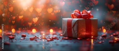A beautifully wrapped gift box with a red ribbon and heart-shaped bokeh lights in the background, perfect for celebrations and special occasions.
