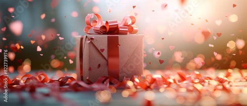 A beautifully wrapped gift box with a red ribbon, surrounded by festive confetti, perfect for celebrating special occasions.