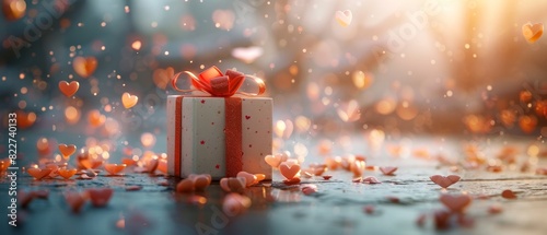 A beautifully wrapped gift with a red ribbon, surrounded by confetti, glowing in the warm sunlight. Perfect for celebrating special occasions.