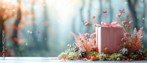 A beautifully wrapped pink gift box surrounded by flowers and foliage in a dreamy forest setting, perfect for a celebration or special occasion.