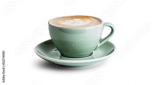 Side view of hot latte coffee with latte art in a ceramic green cup and saucer isolated on white background with clipping path inside Image Stacking Techniques   Generative AI