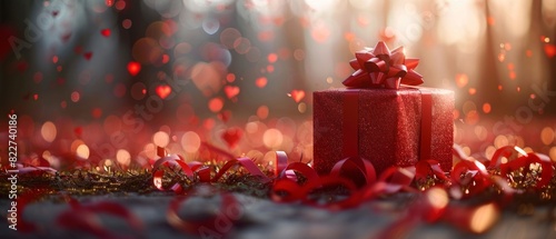 A beautifully wrapped red gift with a bow amidst vibrant bokeh lights. Perfect for festive celebrations, holidays, and special occasions.