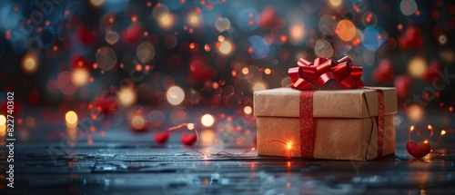 Beautiful Christmas gift box with a red bow against a festive background of warm bokeh lights, perfect for holiday-themed images and designs.