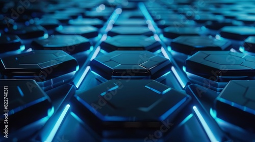 dark hexagonal grid with glowing blue lights futuristic 3d background illustration