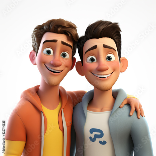 Couple 3D cartoon men, hugging side by side, happy, handsome boy diversity parade, LGBT parade,