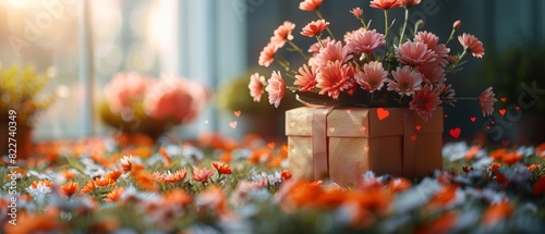 Beautiful flower arrangement with gift box and vibrant blossoms in a sunlit garden setting.